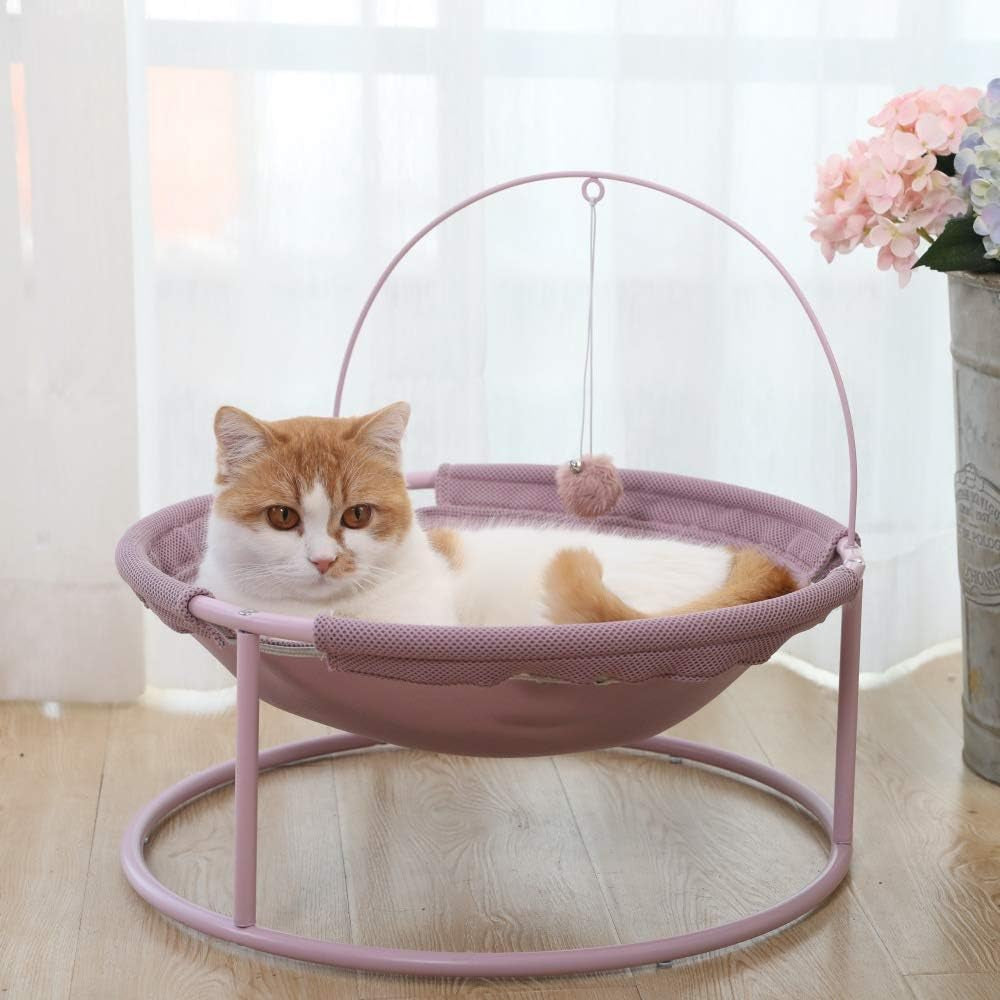 Elevated Cat Hammock Bed with Steel Frame and Teaser Toy Ball, Removable and Washable Cozy Lounge for Indoor Use