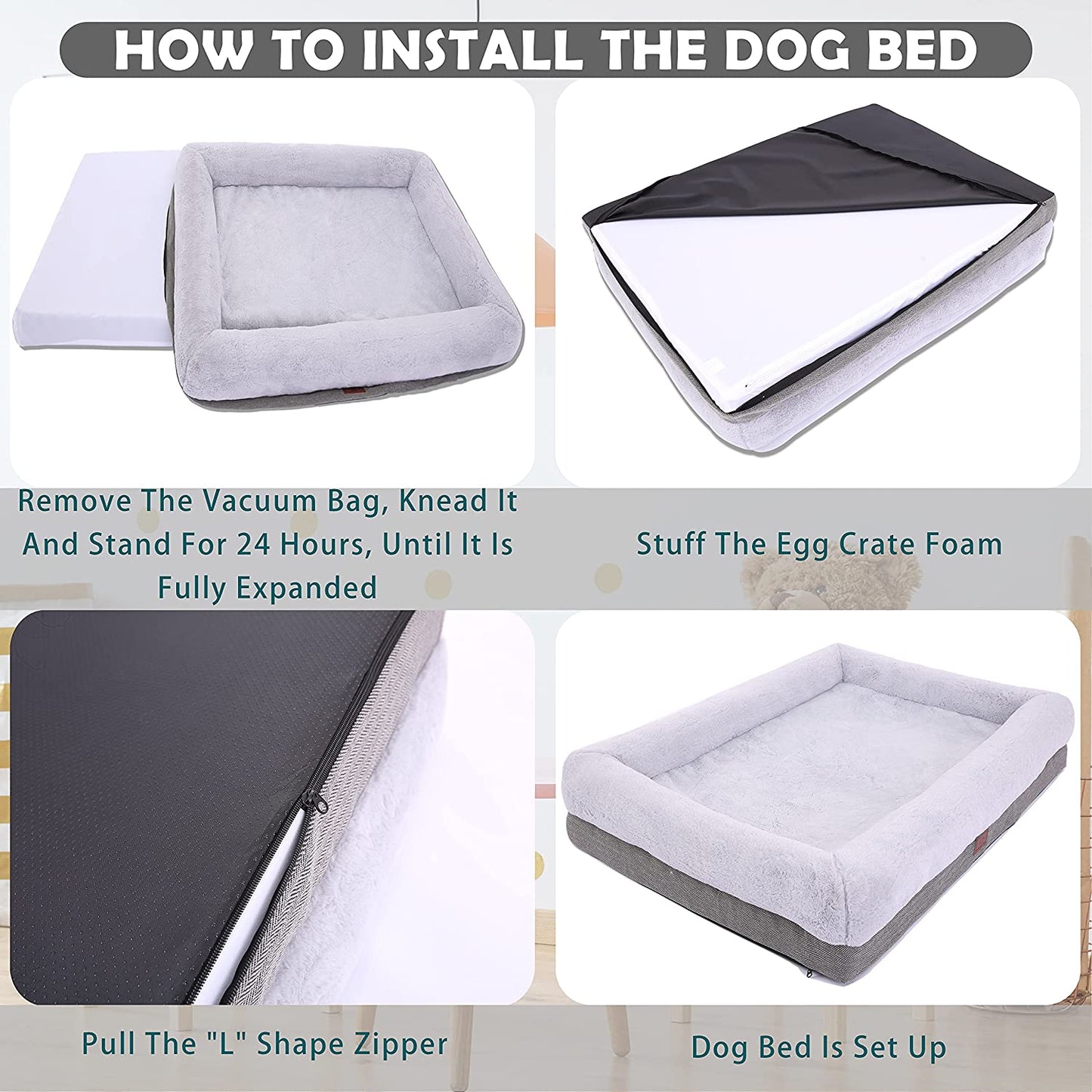 Extra Large Orthopedic Dog Bed with Bolster Sides, Removable Washable Cover, Non-Skid Bottom, and Egg Foam Couch for Comfortable Sleeping - 46 x 30 Inch, Gray