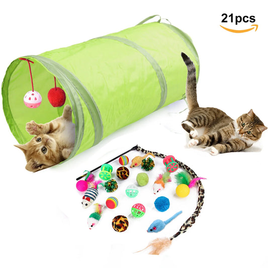21-Piece Interactive Cat Toy Set with Tunnel, Teaser Mice, and Crinkle Balls