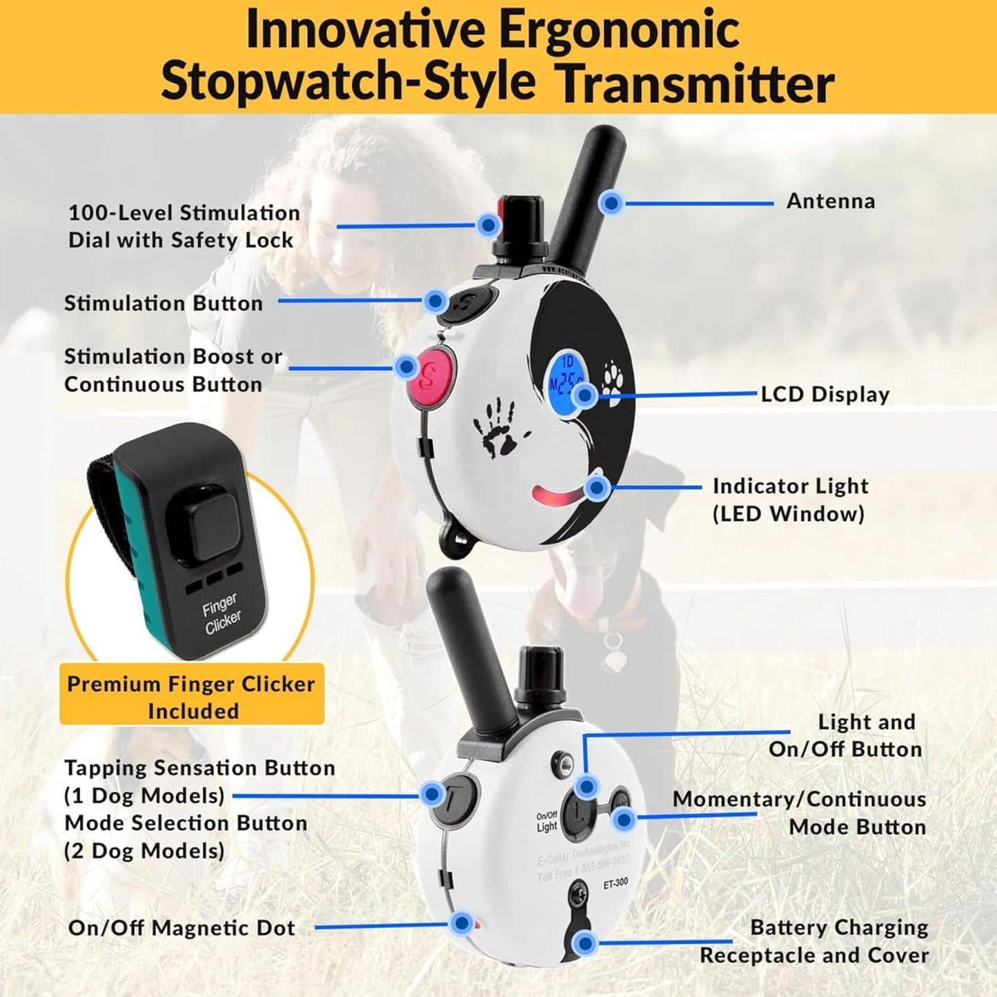 E-Collar Mini ET-300 Remote Dog Training Collar - 1/2 Mile Range, Waterproof, Rechargeable, 100 Levels of Stimulation, Vibration, Tone, and Light for Small to Medium Dogs