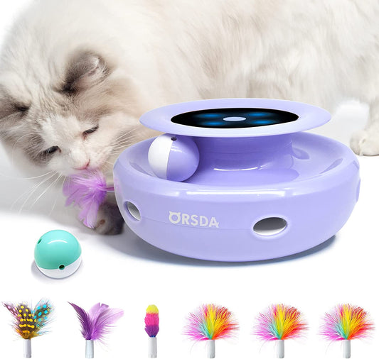 2-in-1 Interactive Cat Toy Set for Indoor Cats, Automatic Toy Balls and Mice with Ambush Feather, Includes 7 Attachments, Dual Power Options, Adjustable Speed, Auto On/Off Feature