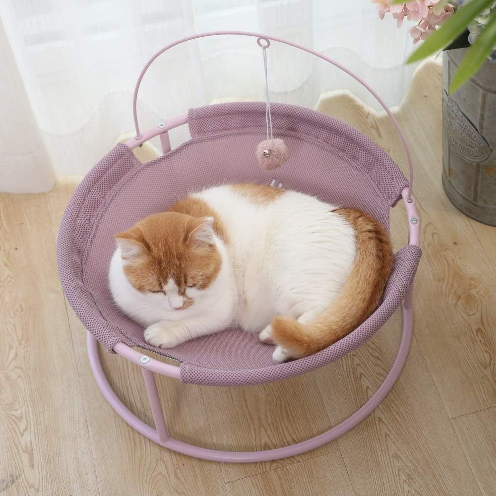 Elevated Cat Hammock Bed with Steel Frame and Teaser Toy Ball, Removable and Washable Cozy Lounge for Indoor Use